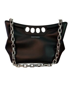 Alexander McQueen Black Leather Shoulder Bag with Silver Chain